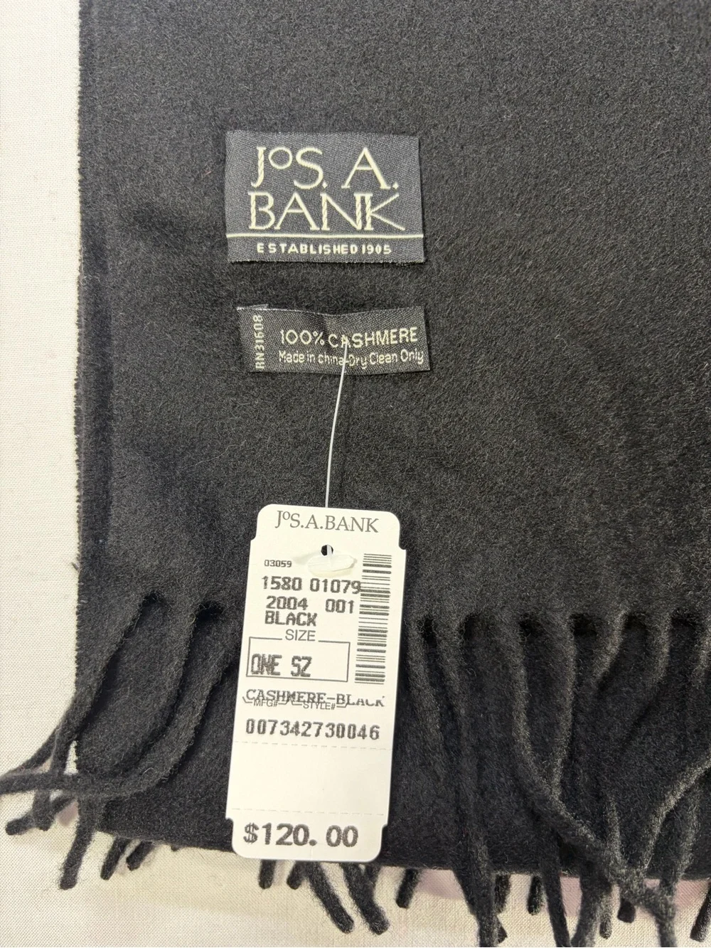 Jos. A. Bank Black Cashmere Fringe Scarf - Classic Solid